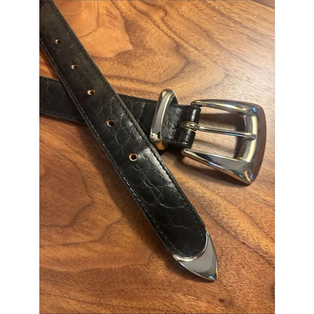 Alligator Grain Classic Black Leather Belt with Silver Buckle - 34